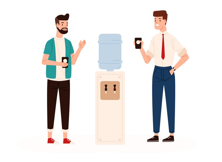 illustration - two men at water cooler talking - addiction stigma